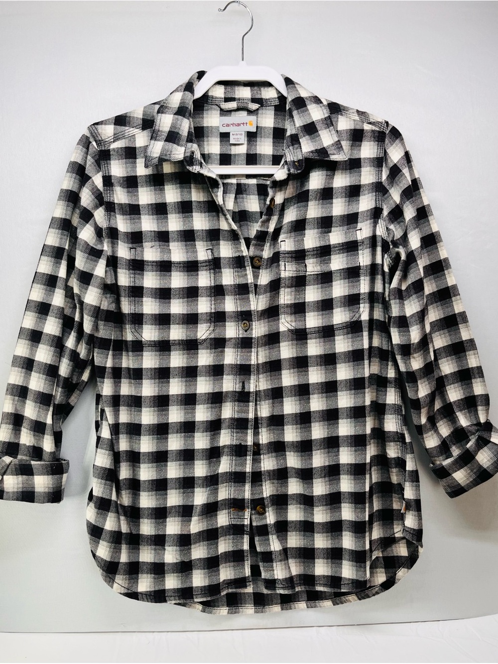 Carhartt Women's Black & White Checkered Button-Down Flannel Shirt